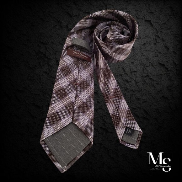 HICKEY FREEMAN Brown Purple PLaids & Cheks Silk Tie Made In USA W: 3.4" EX COND - Picture 2 of 7